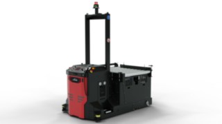 Bezzałogowy pojazd transportowy I-MATIC CT core firmy Linde MH z platformą przenośnikową do automatycznego załadunku i rozładunku