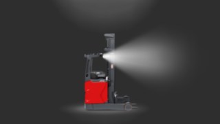 Wózek wysokiego składowania marki Linde MH wyposażony w diodowe reflektory robocze. Wózek wysokiego składowania marki Linde MH wyposażony w diodowe reflektory robocze.