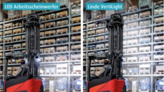 W odróżnieniu do zwykłych świateł roboczych Linde VertiLight nie emitują stożkowego strumienia, a szerokie, jednolite pasmo nieoślepiającego światła od ziemi do wysokości podnoszenia. W odróżnieniu do zwykłych świateł roboczych Linde VertiLight nie emitują stożkowego strumienia, a szerokie, jednolite pasmo nieoślepiającego światła od ziemi do wysokości podnoszenia.