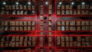 Widok magazynu ze zautomatyzowanymi wózkami widłowymi