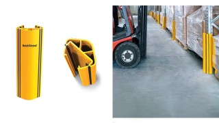 Plastikowy żółty odbojnik regałowy RackGuard pokazany z profilu oraz zamontowany na słupach regałów paletowych w magazynie obok wózka widłowego.